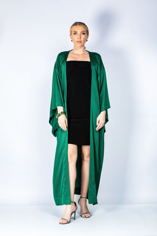 Emerald Green Kimono Wide Sleeves / Armani Satin Kimono - Kimonobykat